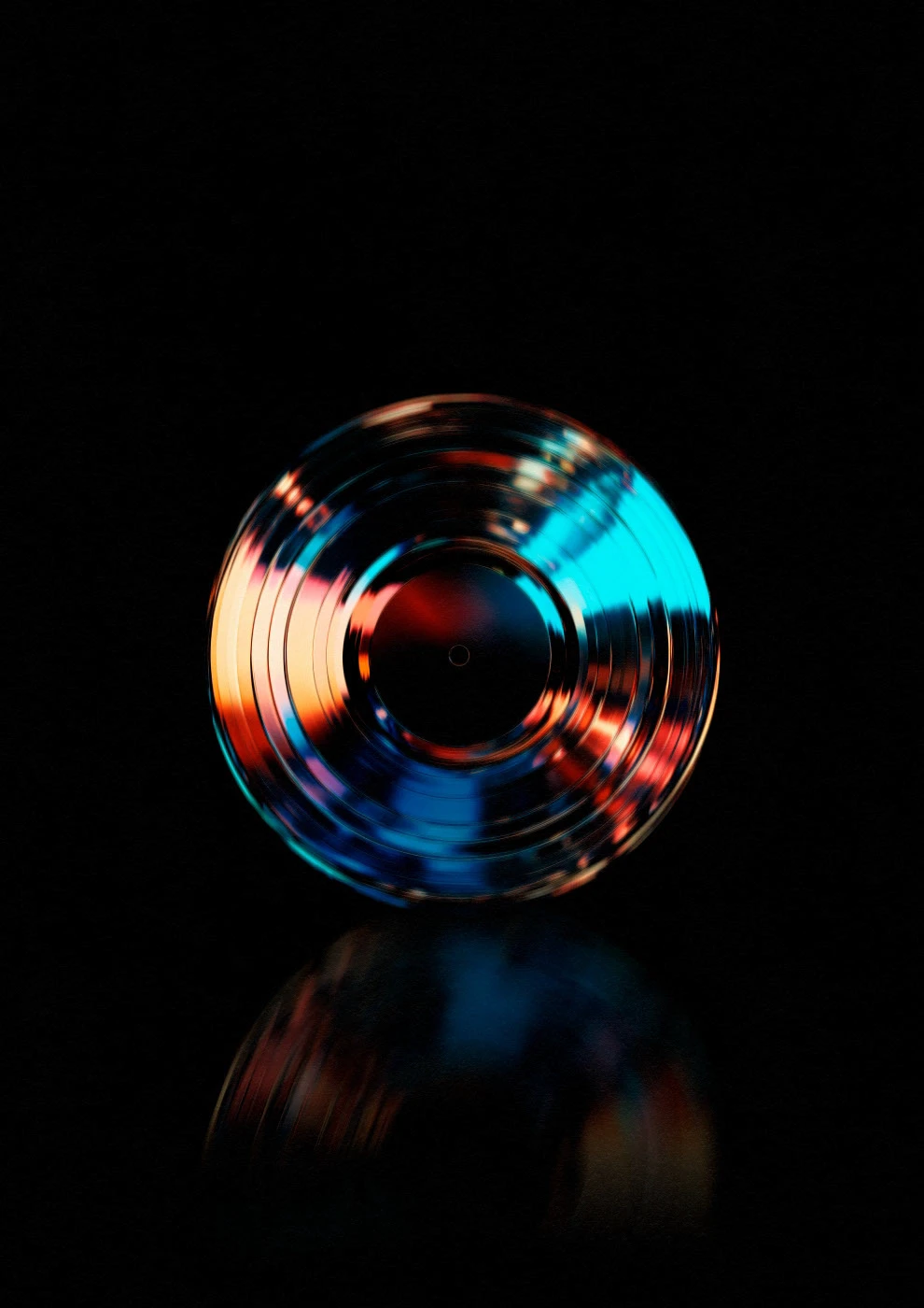 Vinyl record with colorful light reflections